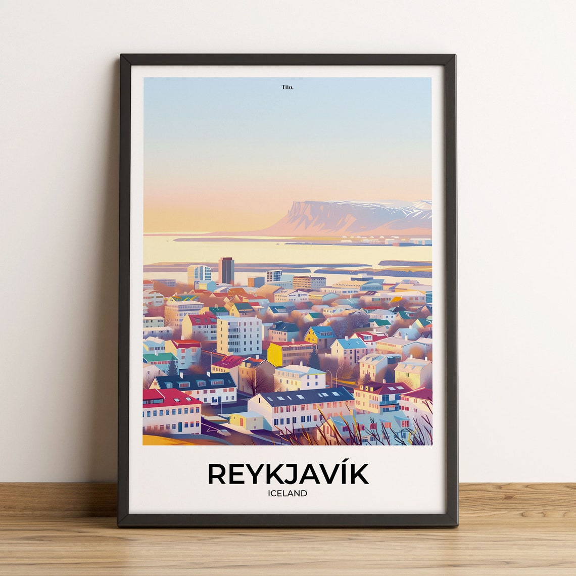 Reykjavik Iceland Colorful Rooftops Mountain View Travel Poster