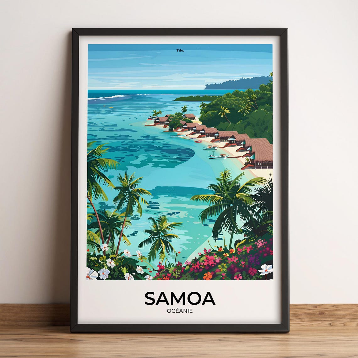 Samoa Tropical Lagoon Beach Huts Island Vintage Travel Poster