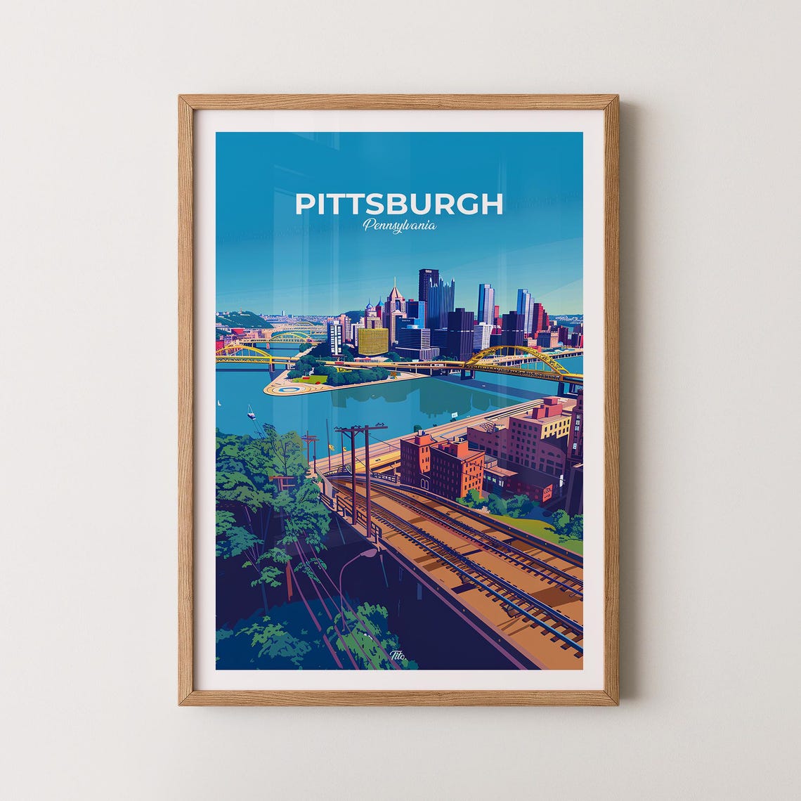 Pittsburgh Pennsylvania Yellow Bridges River Skyline Travel Poster