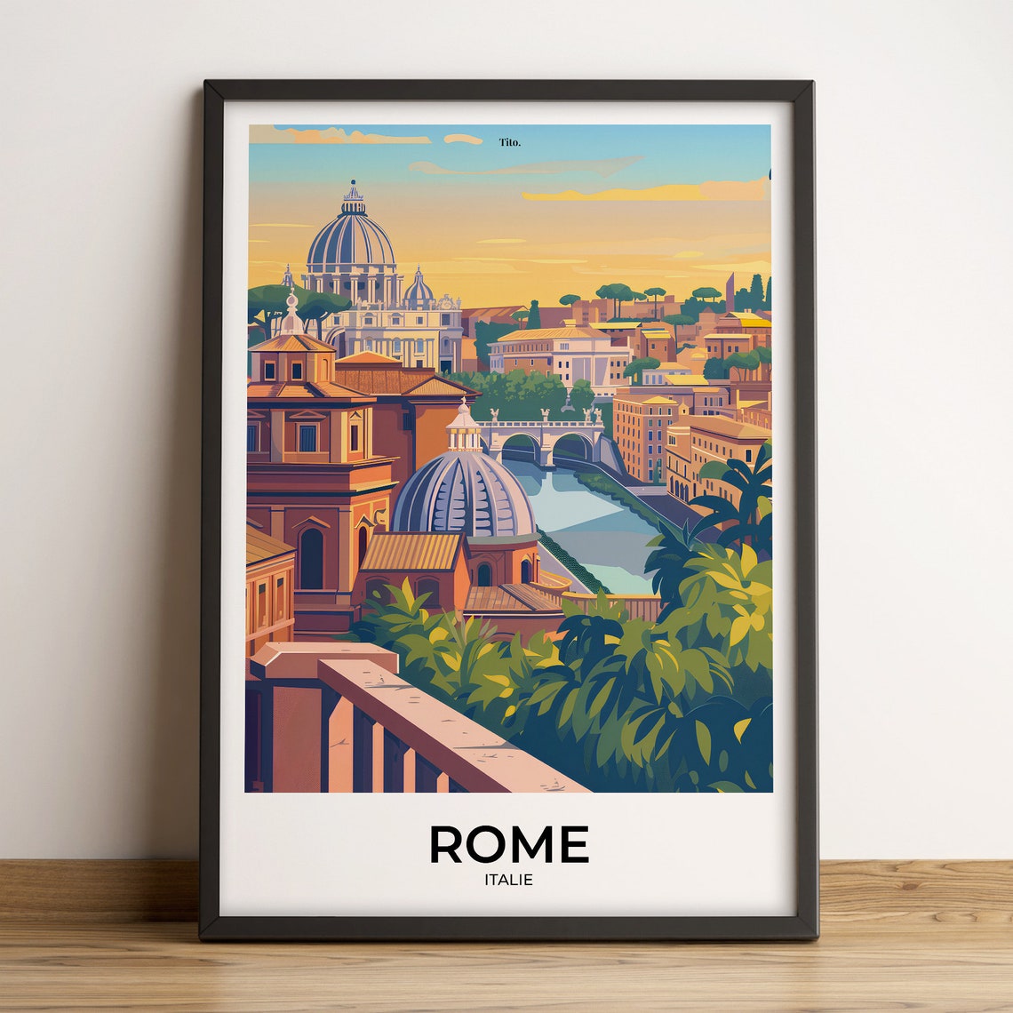Rome Italy Vatican Dome Tiber River Sunset Skyline Travel Poster