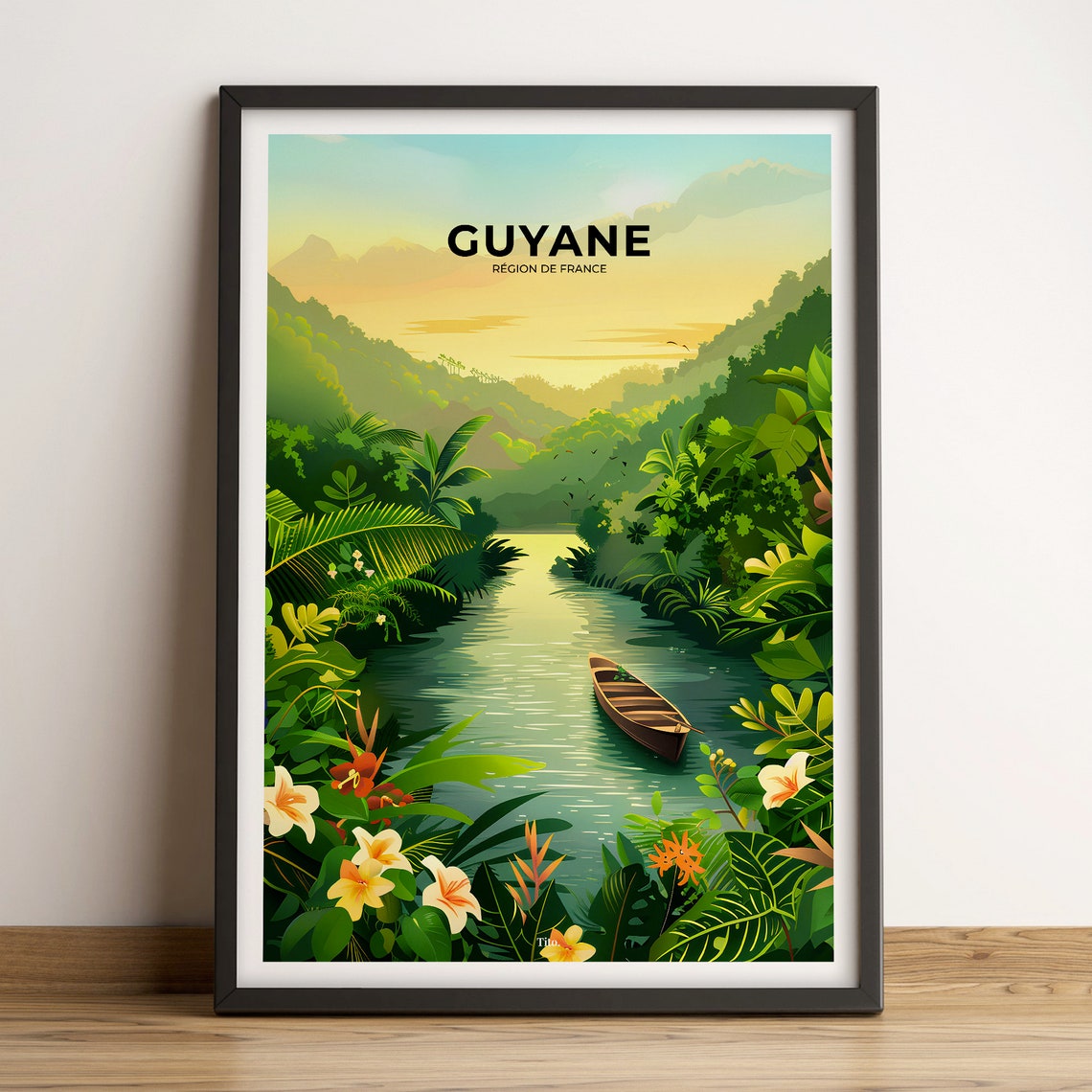 French Guiana Jungle River Canoe Tropical Flowers Voyage Poster
