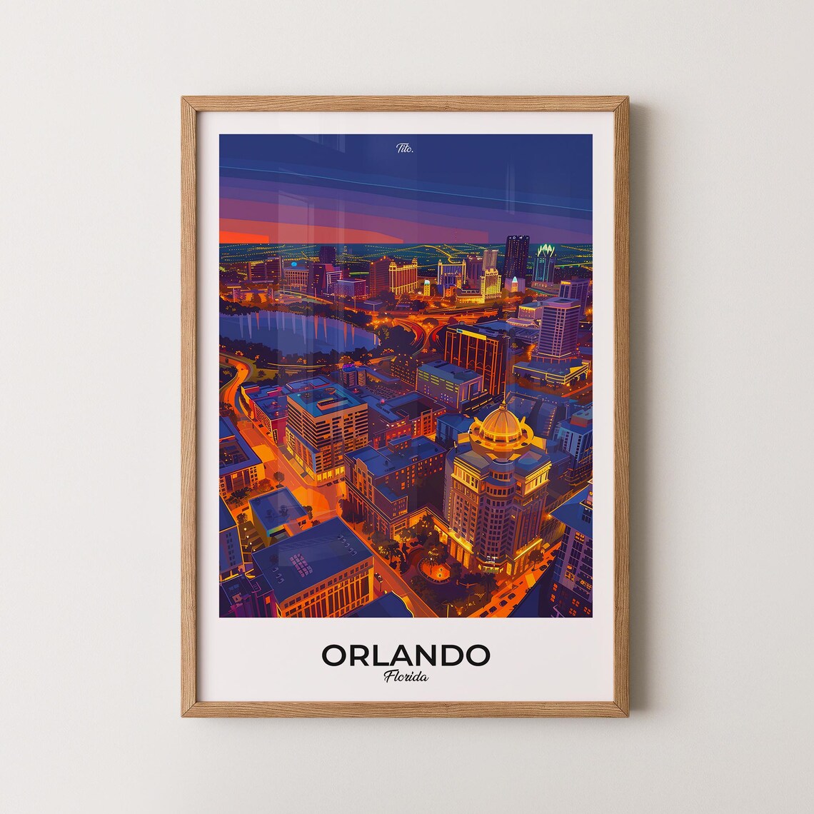 Orlando Florida City Lights Night Aerial Panorama Travel Poster