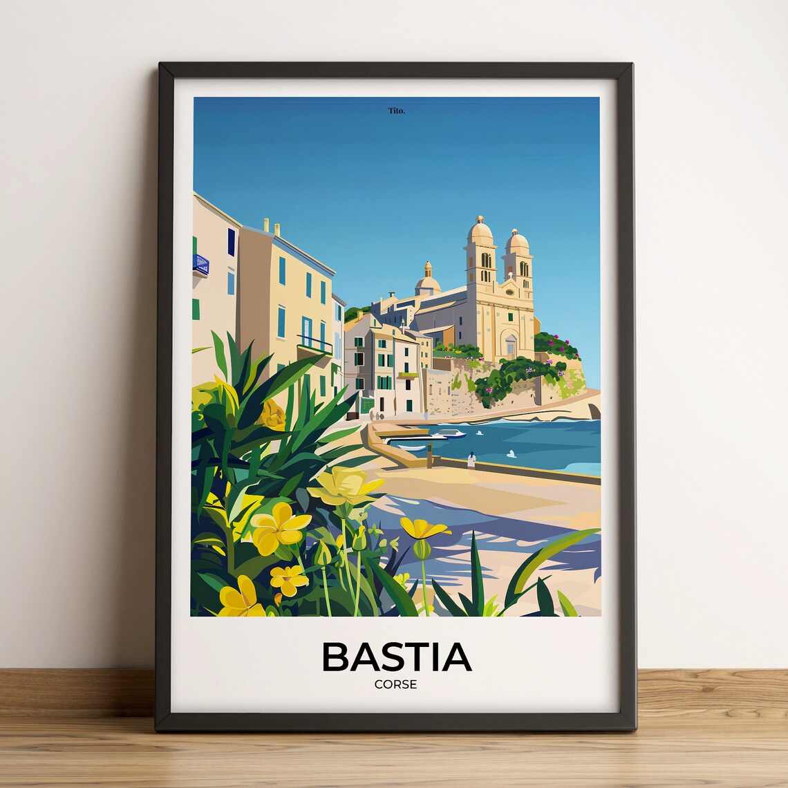 Bastia Corsica Waterfront Church Blooming Flowers Travel Poster