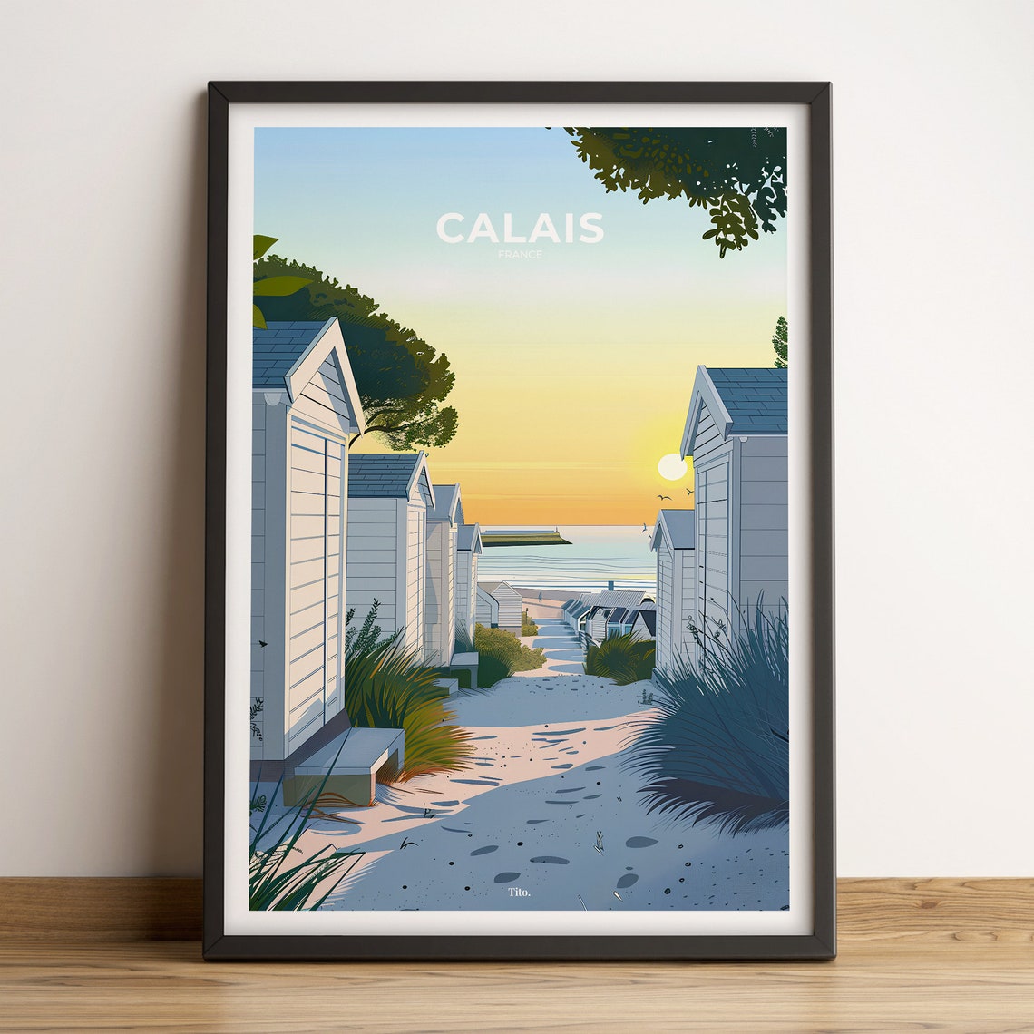 Calais France Sunset Beach Huts Seaside Stroll Vintage Poster