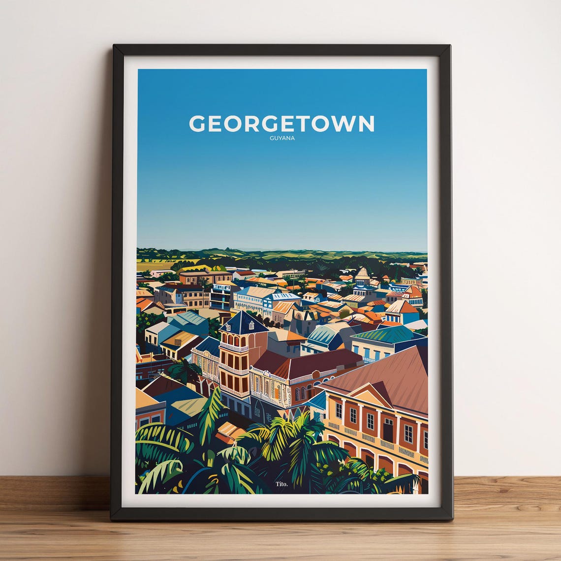 Georgetown Guyana Colorful Colonial Town Roofs Travel Poster Art