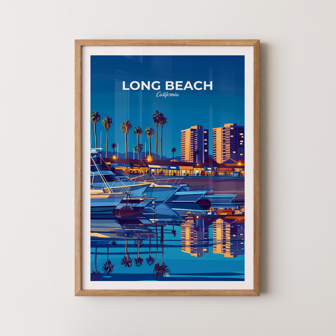 Long Beach California Harbor Travel Poster Night Boats Glow Art