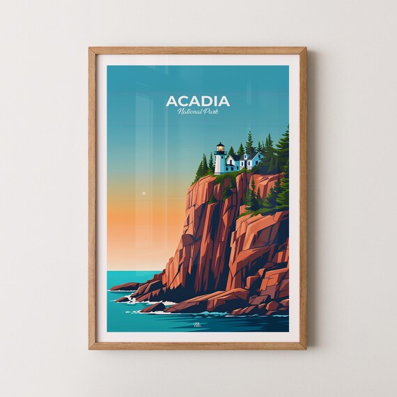 Acadia National Park Lighthouse Rocky Coast Sunset Travel Poster