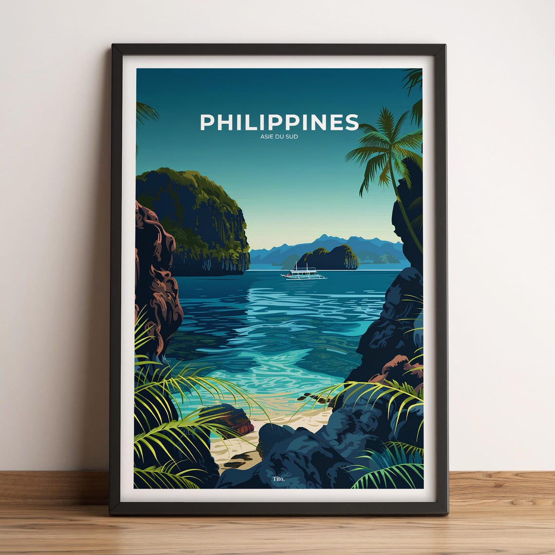 Philippines Tropical Lagoon Palms Boat Paradise Island Travel Poster