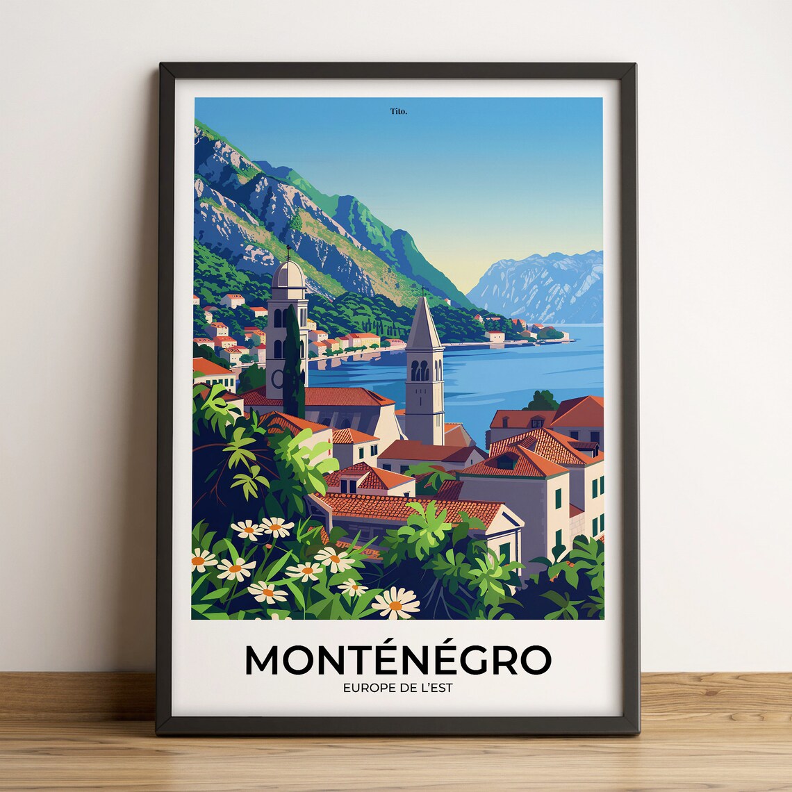Montenegro Bay of Kotor Church Towers Scenic Coastal Travel Poster