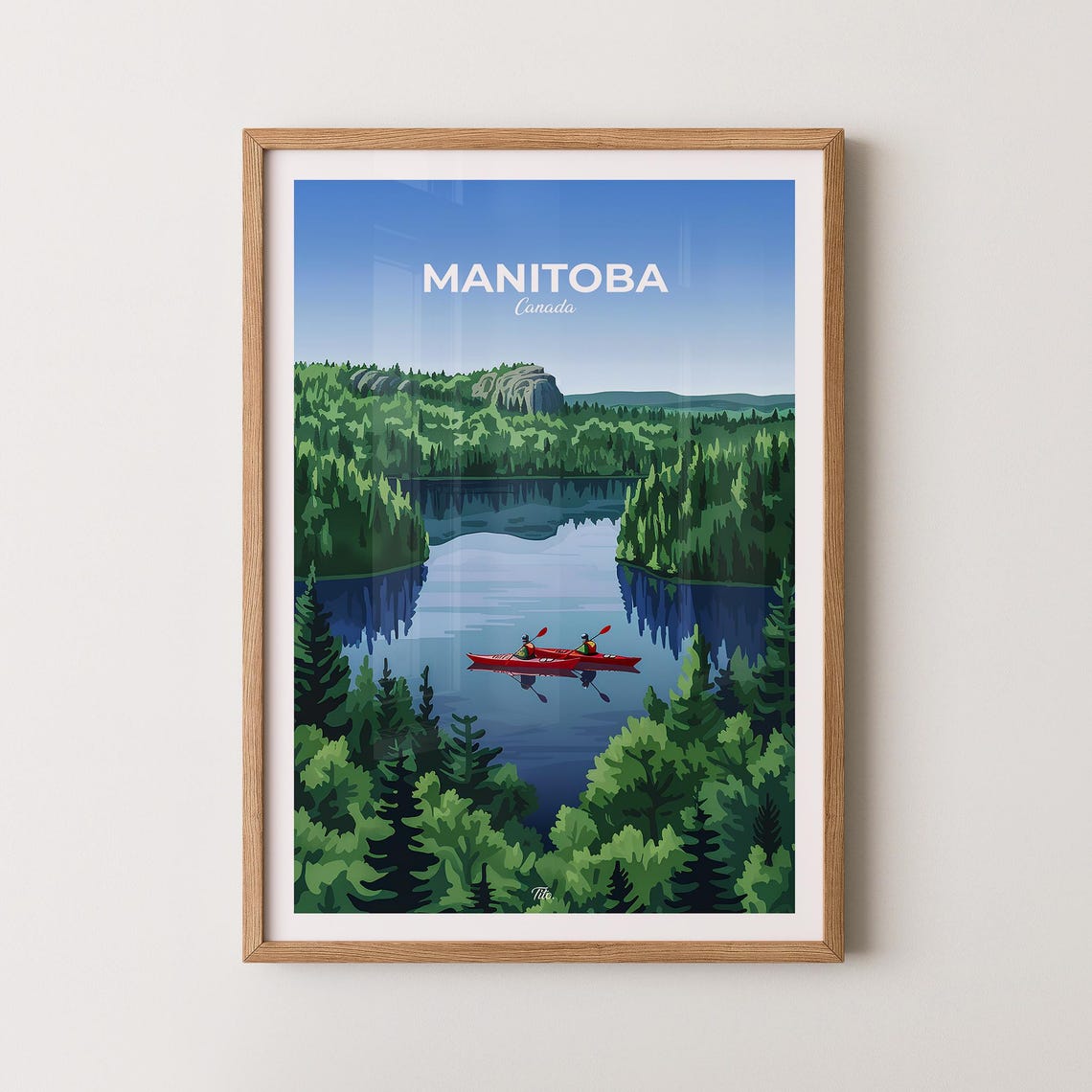 Manitoba Canada Kayakers Forest Lake Reflection Paddlers Travel Poster