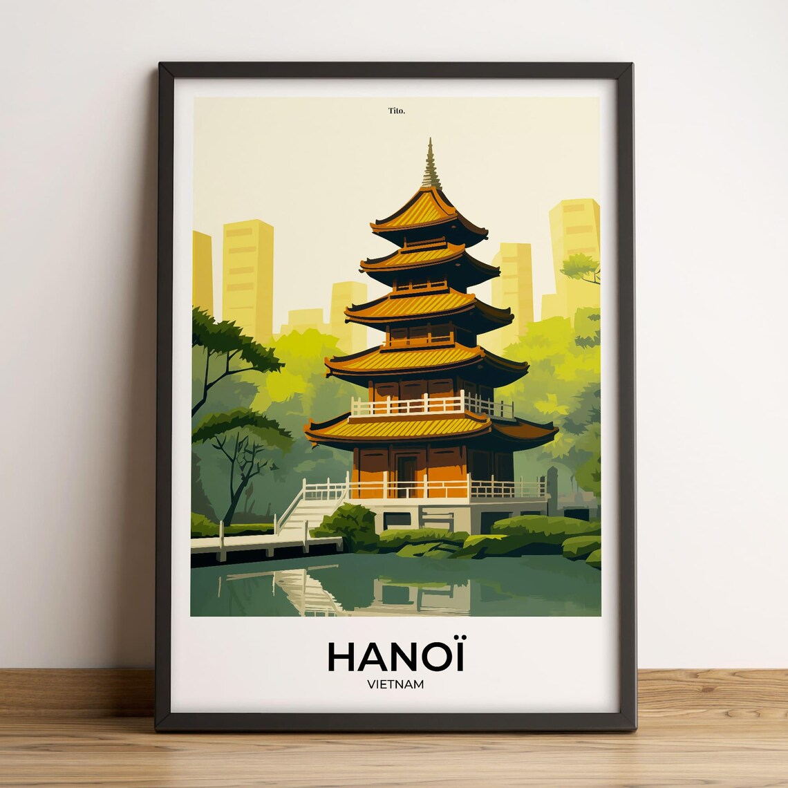 Hanoi Vietnam Golden Pagoda Lake Calm Reflection Travel Poster