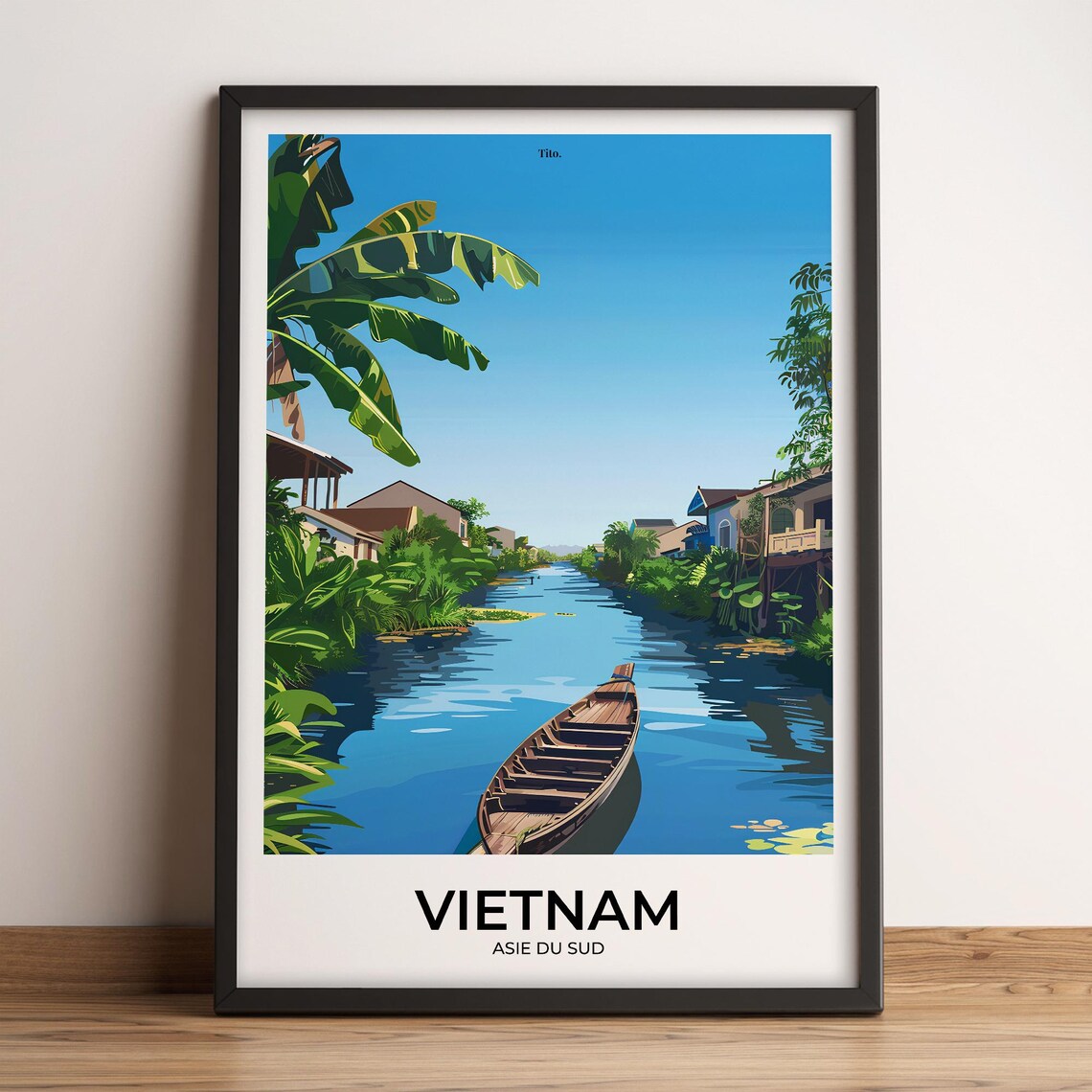 Vietnam River Canal Wooden Boat Palm Trees Village Travel Poster