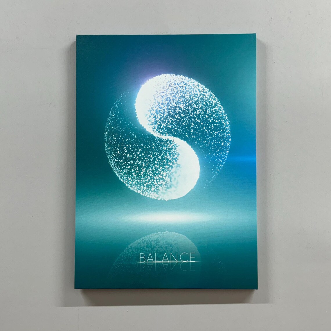 Yin Yang Balance Glowing Particle Teal Spiritual Harmony Canvas Art Poster