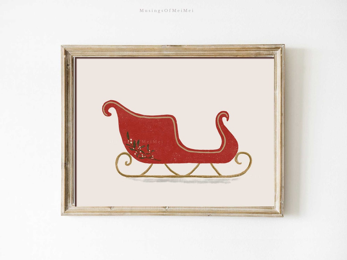 Vintage Red Christmas Sleigh Illustration Cream Holiday Poster - Image 3