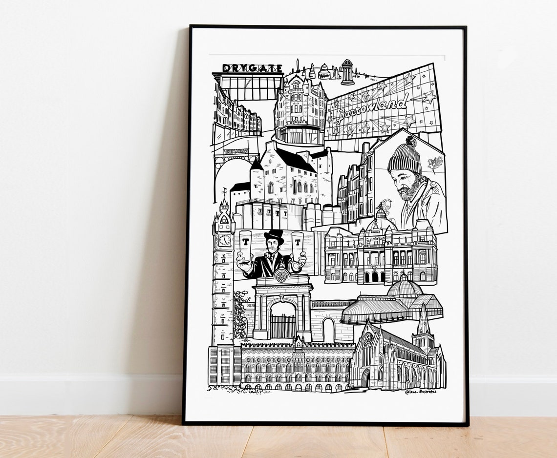 Glasgow East End Landmarks Illustrated Sketch Collage City Poster