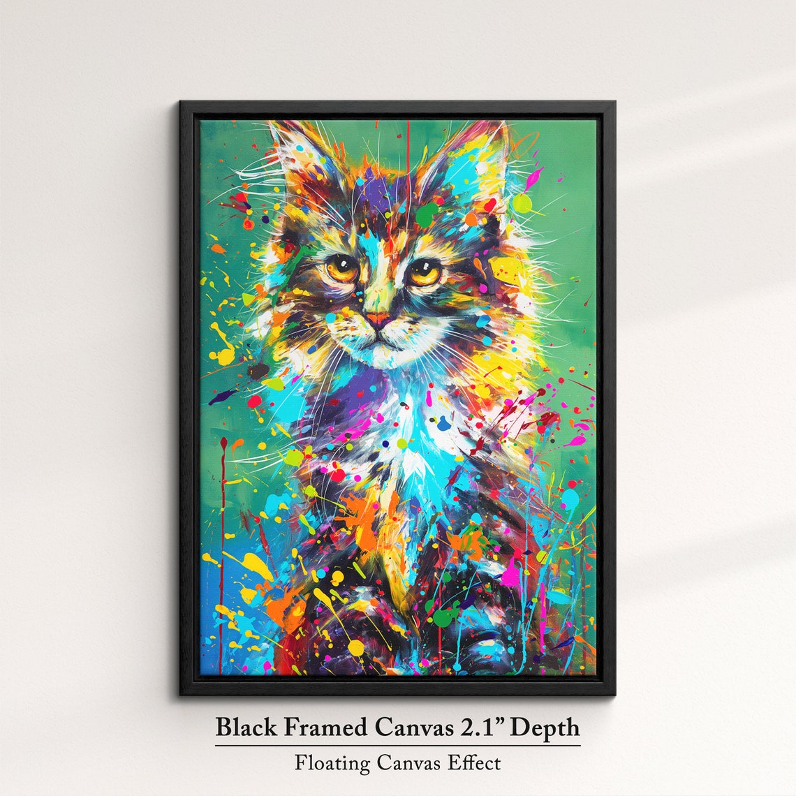 Colorful Paint Splatter Longhair Cat Portrait Teal Art Poster - Image 2