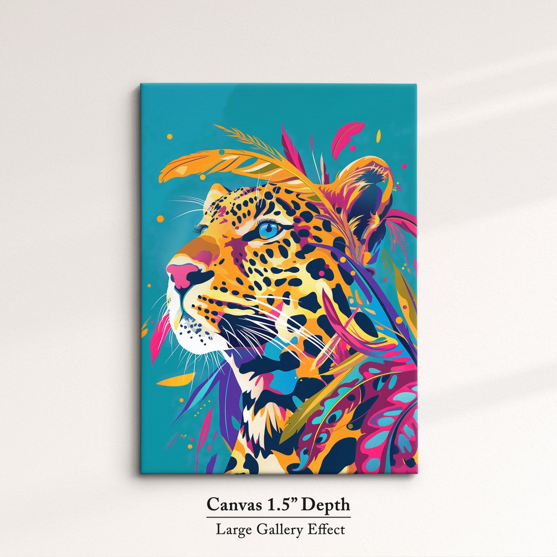 Leopard Side Profile With Feathers Teal Background Wildlife Poster - Image 3