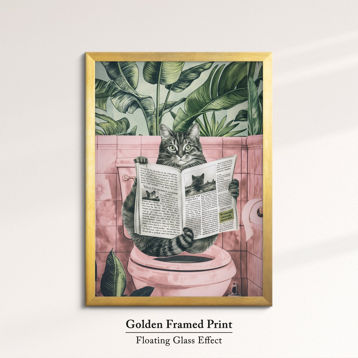 Funny Tabby Cat Reading Newspaper On Toilet Pink Bathroom Art Poster - Image 5