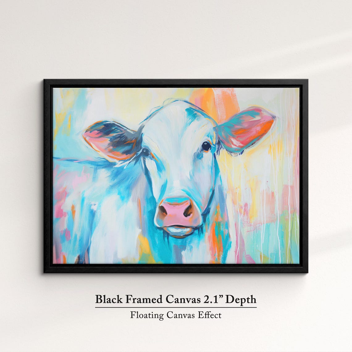 Cow Close Up Blue Orange Pastel Abstract Portrait Wall Poster - Image 2