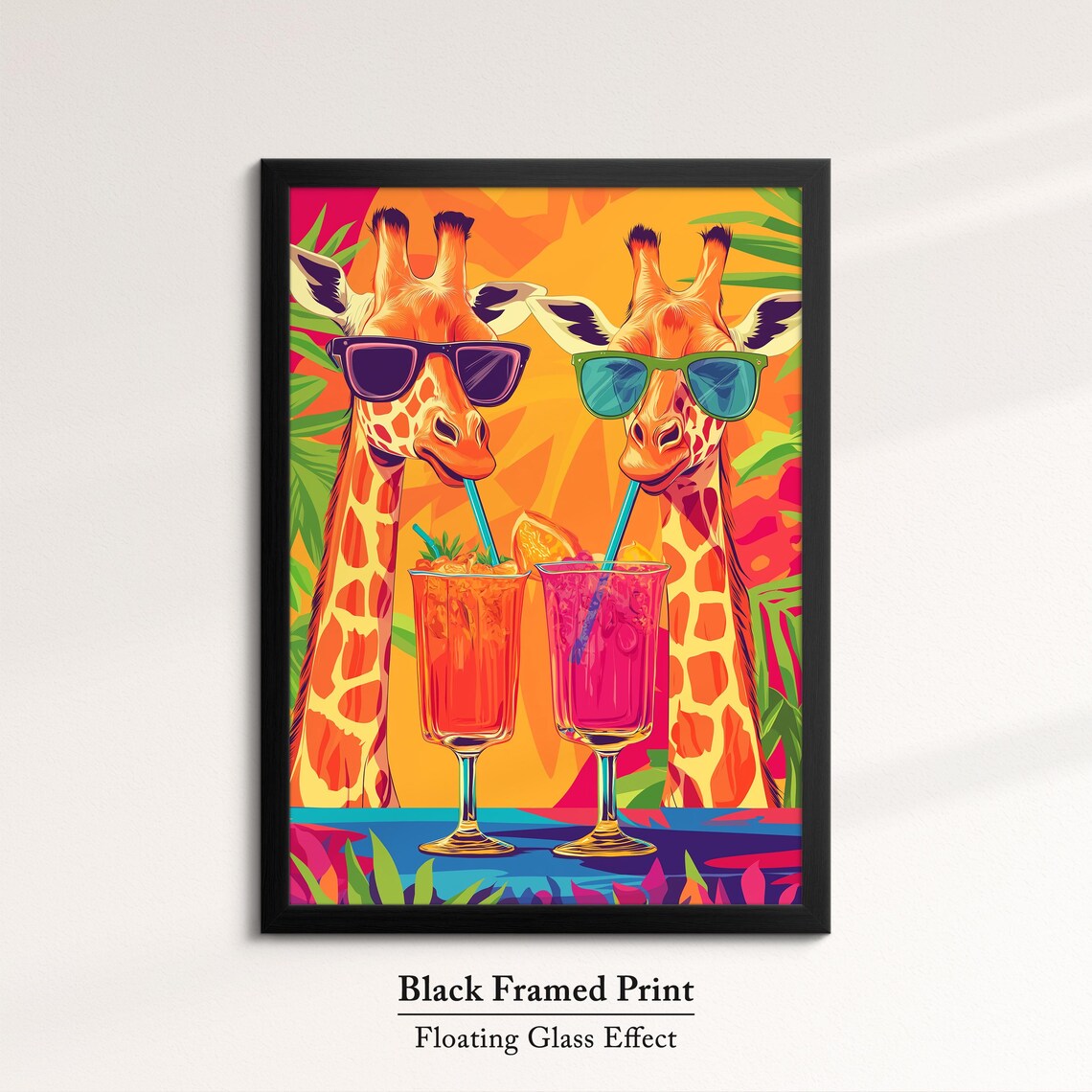 Two Giraffes Sunglasses Sipping Tropical Drinks Fun Pop Art Safari Poster - Image 8