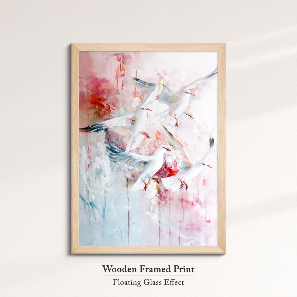 White Seagulls In Flight Pink Abstract Coastal Bird Wall Art - Image 6