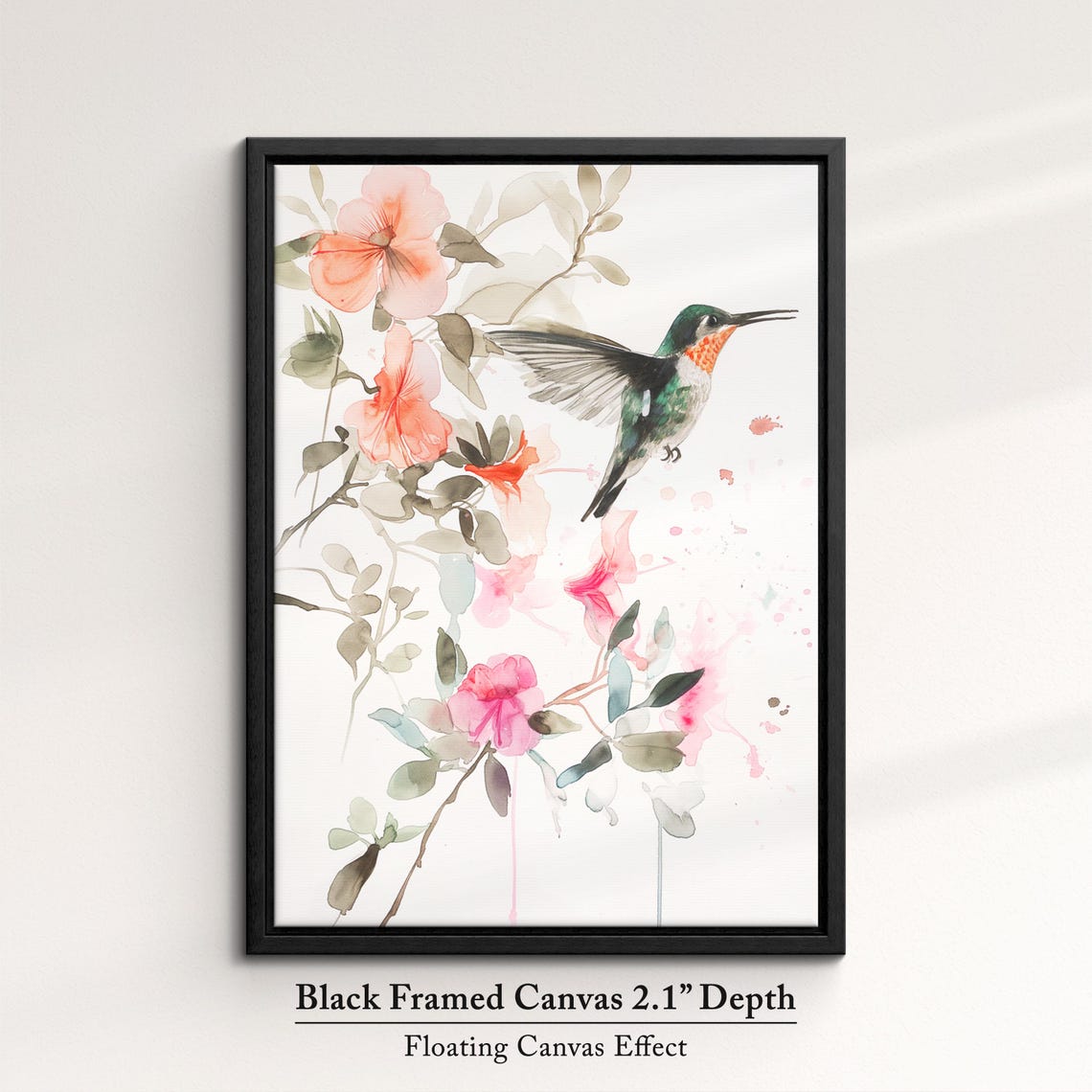 Hummingbird Pink Blossoms Soft Watercolor Floral Bird Wall Art Poster - Image 2