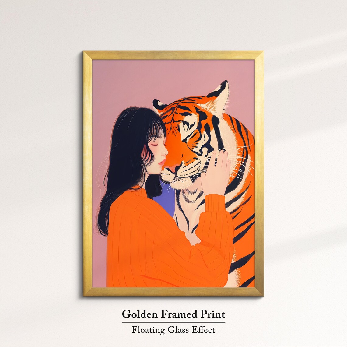 Woman Embracing Tiger Gentle Pink Background Modern Illustration Print - Image 5