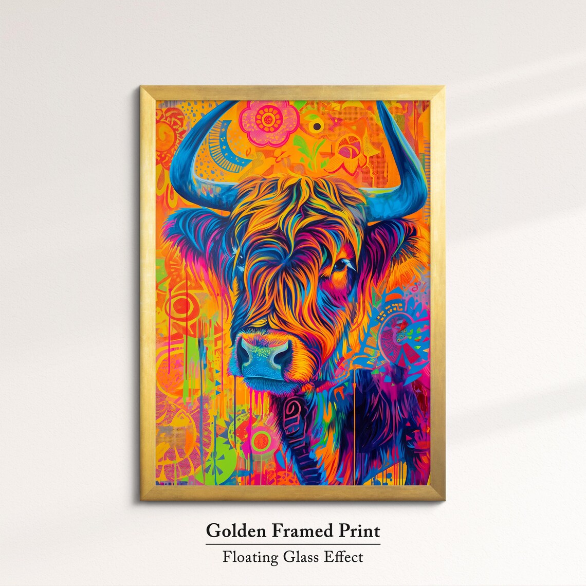 Highland Cow Colorful Rainbow Shaggy Hair Floral Portrait Poster - Image 5