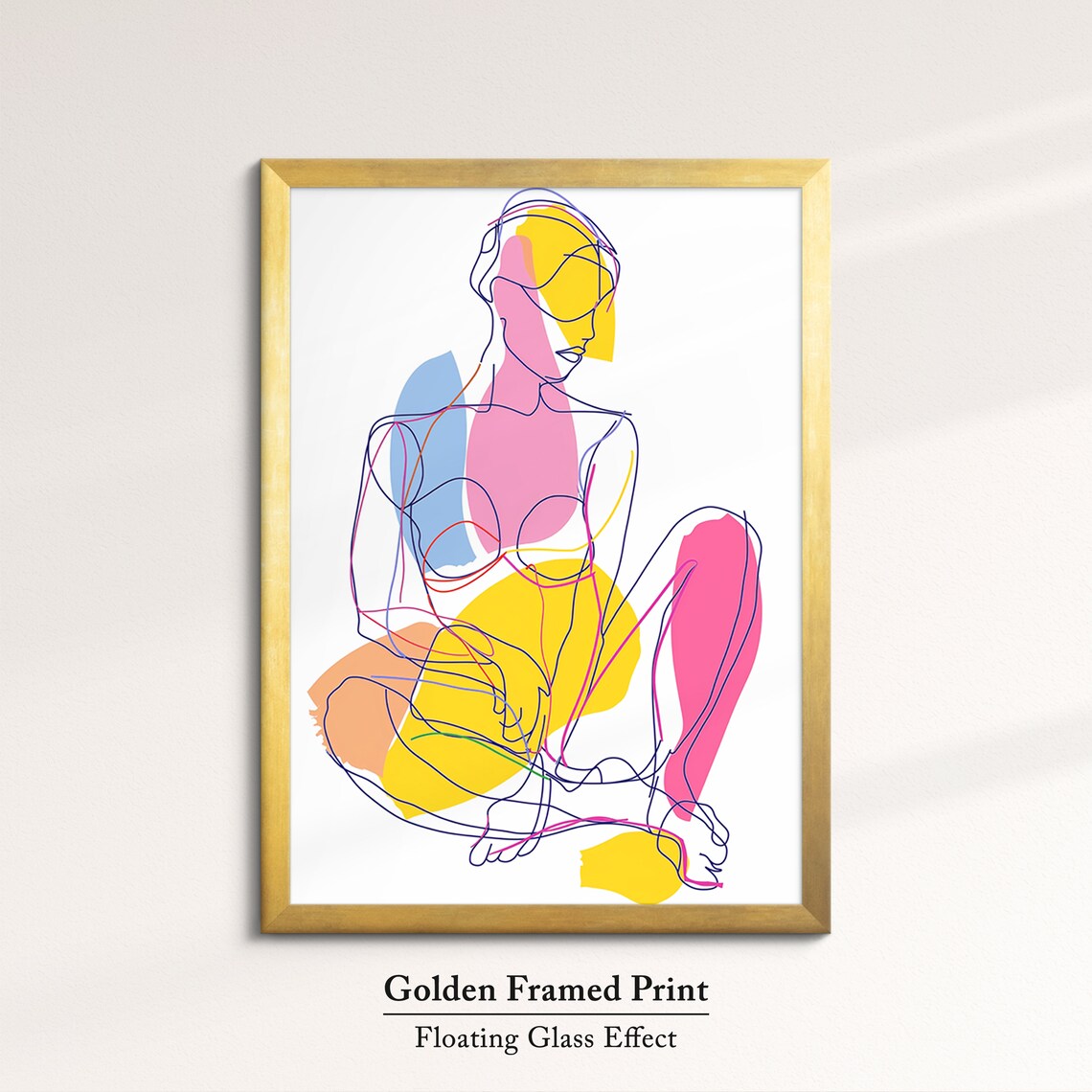 Colorful Seated Woman Line Art Abstract Blocks Pink Yellow Modern Wall Art Print - Image 5
