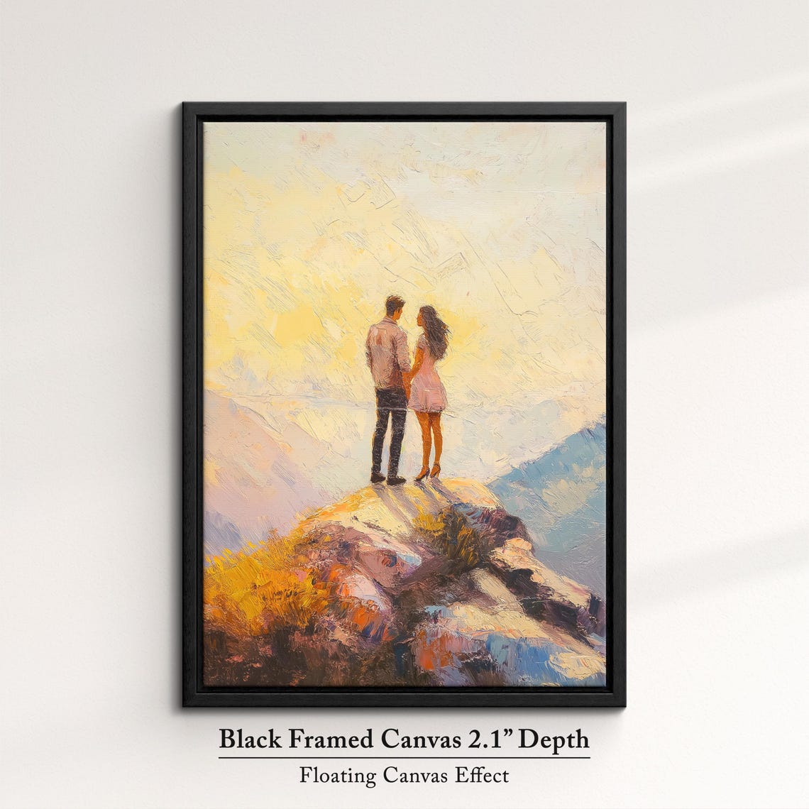Romantic Couple Holding Hands On Sunrise Mountain Peak Art Poster - Image 2