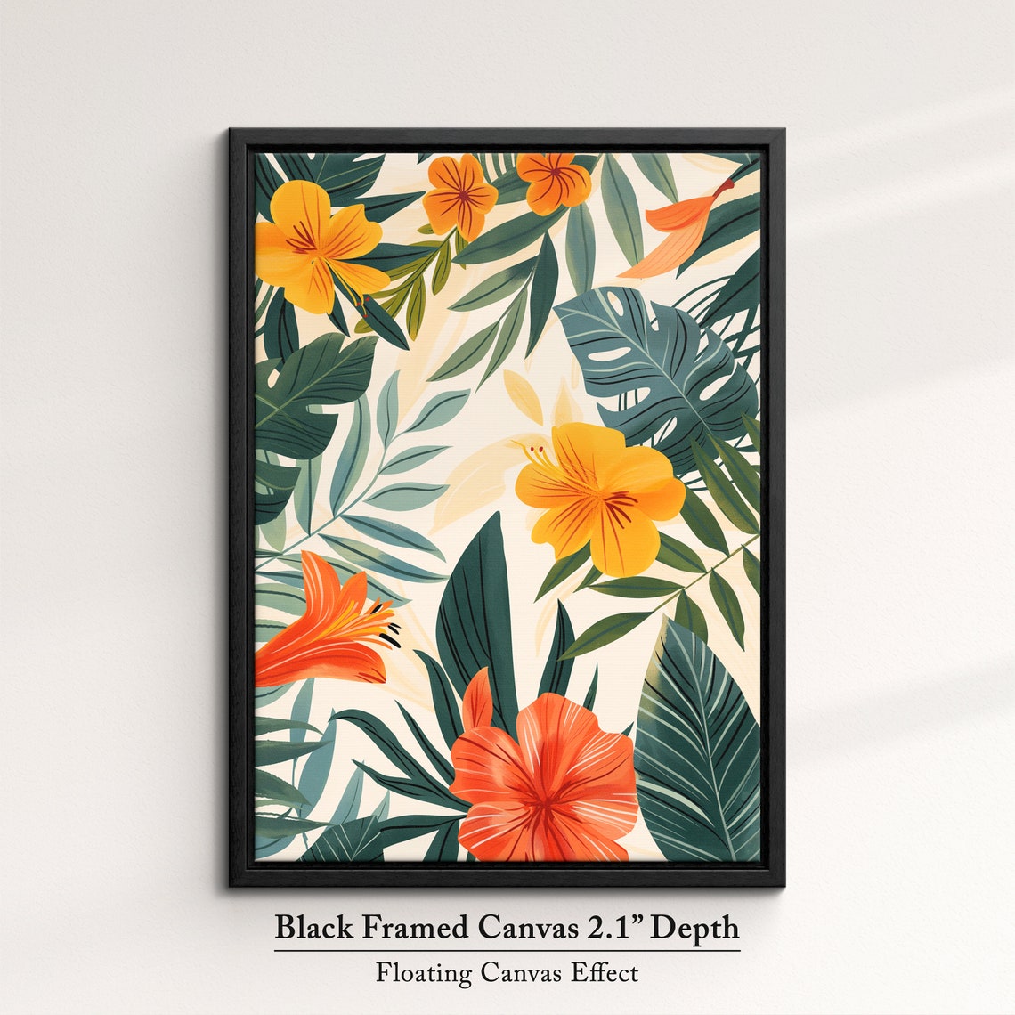 Tropical Leaves And Orange Hibiscus Botanical Pattern Wall Art Poster - Image 2