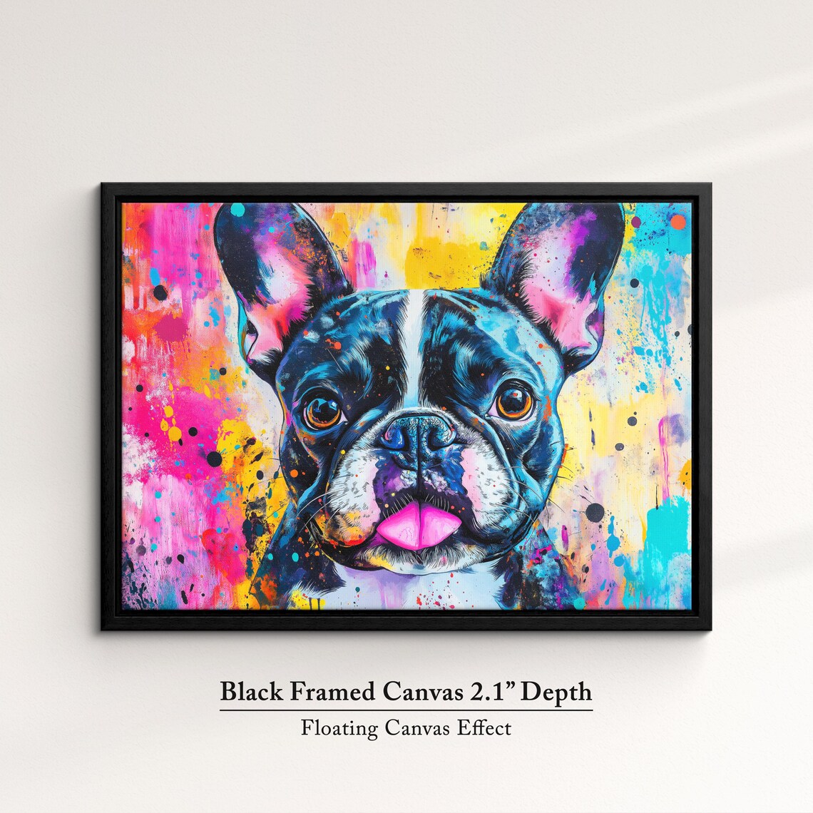 Happy French Bulldog Portrait Pink Yellow Splatter Dog Wall Art Print - Image 2