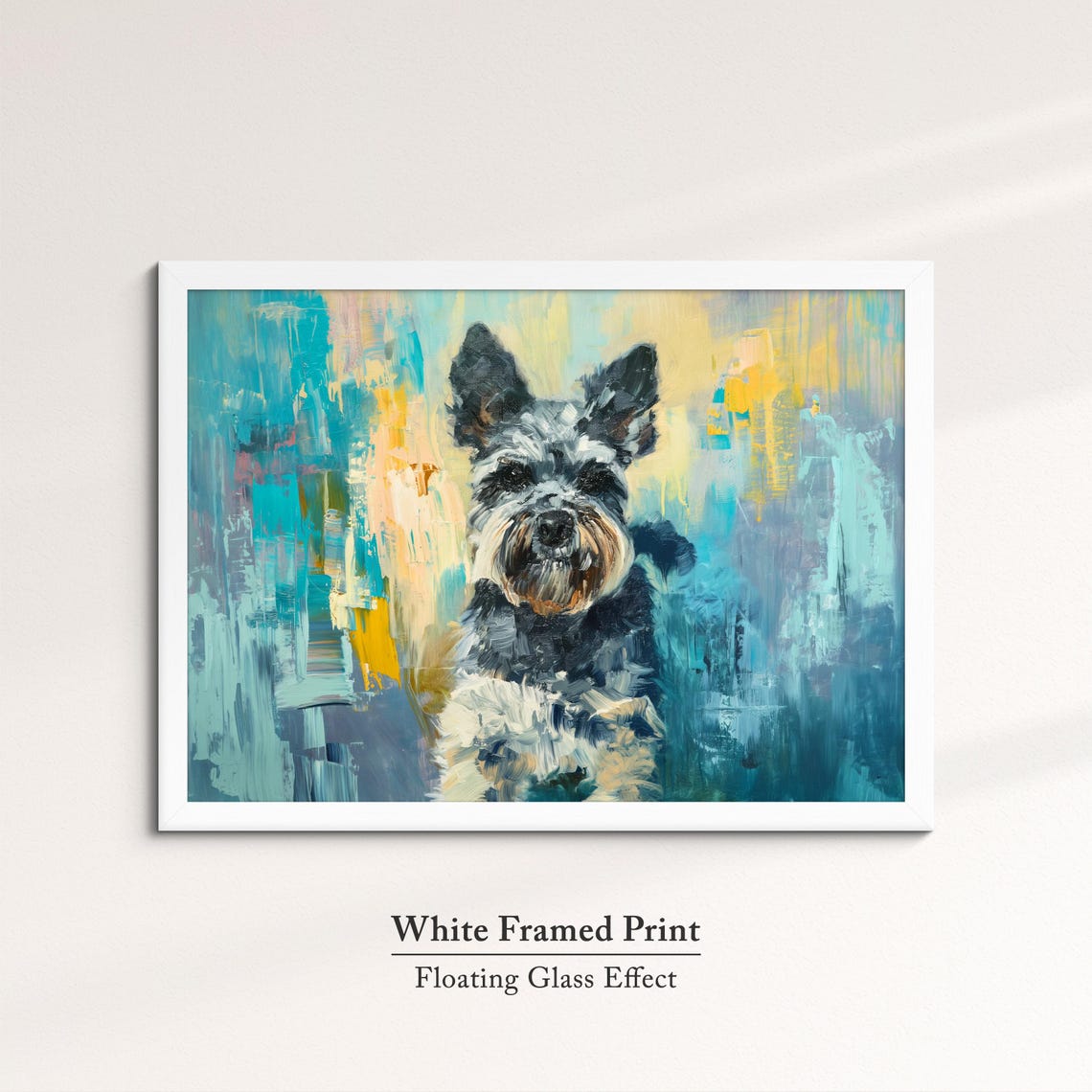 Schnauzer Sitting Portrait Teal Yellow Abstract Background Dog Poster - Image 7