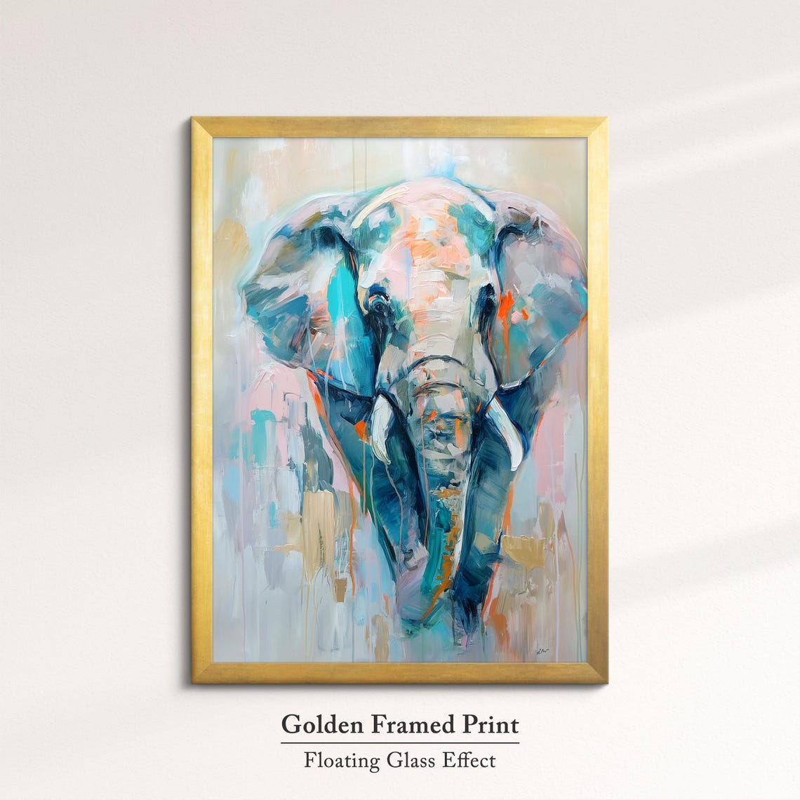 Elephant Front View Soft Teal Pink Paint Drip Abstract Wall Art - Image 5