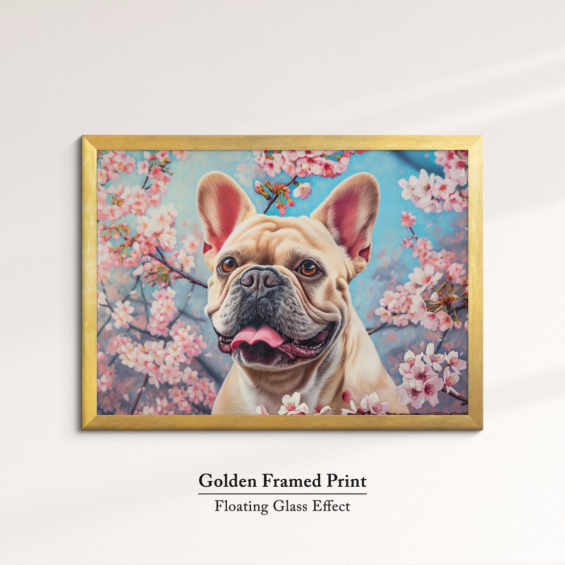 Fawn French Bulldog Tongue Out In Pink Blossoms Cheerful Art Poster - Image 5