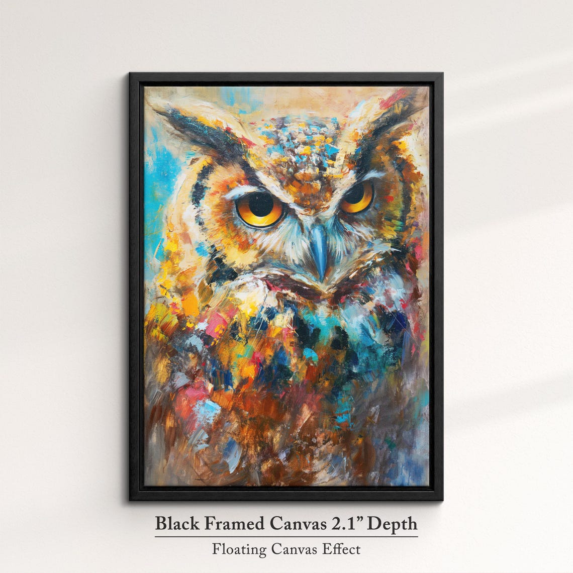 Horned Owl Striking Yellow Eyes Colorful Impasto Abstract Art Poster - Image 2