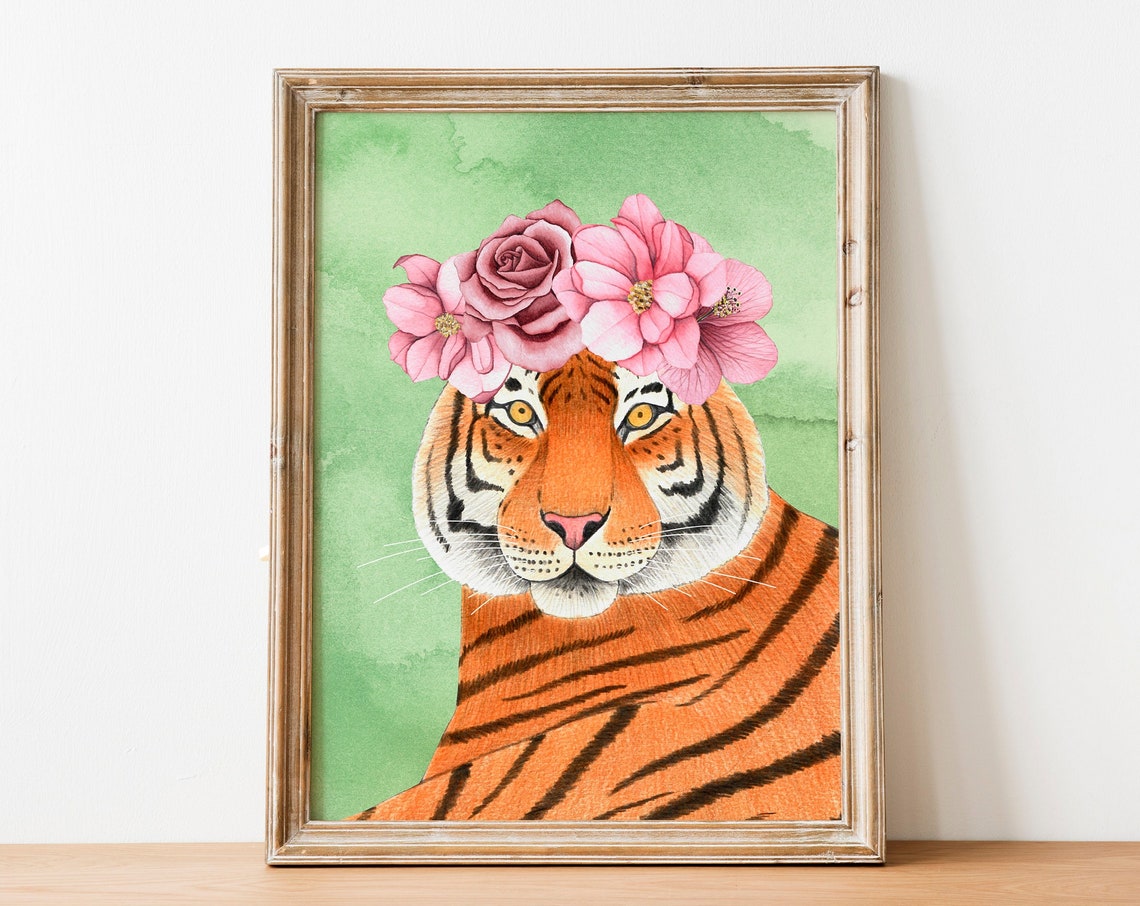 Floral Tiger Jungle Wall Art Print, Kids Room