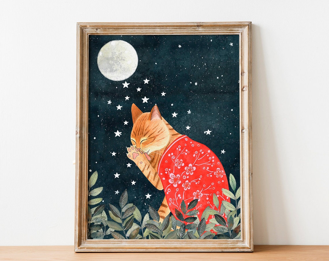 Orange Tabby Cat in Red Kimono Under Starry Moon Watercolor Poster