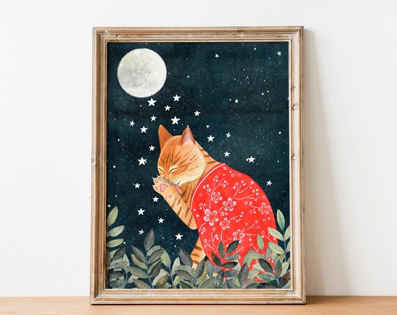 Orange Tabby Cat in Red Kimono Under Starry Moon Watercolor Poster