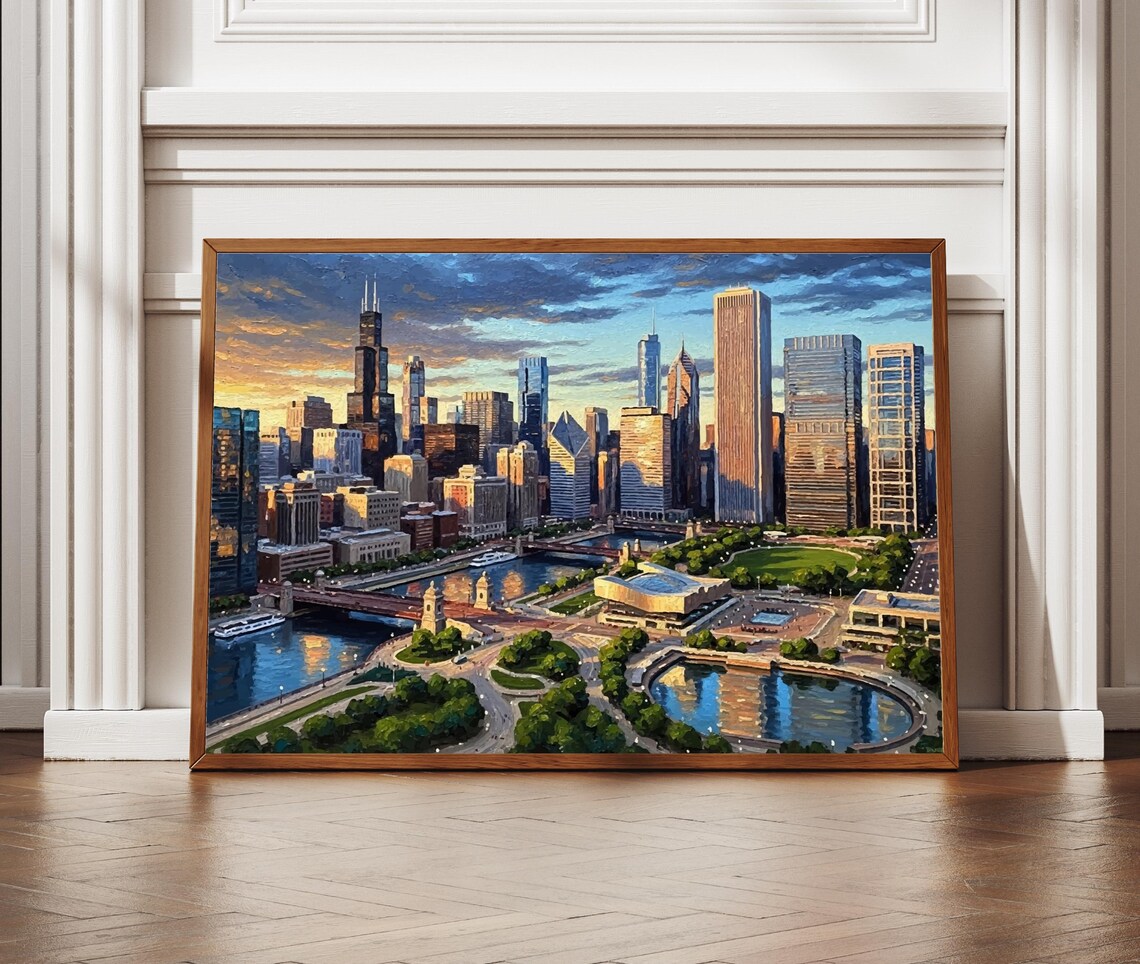 Chicago Skyline Sunset River Oil Painting Cityscape Travel Wall Poster