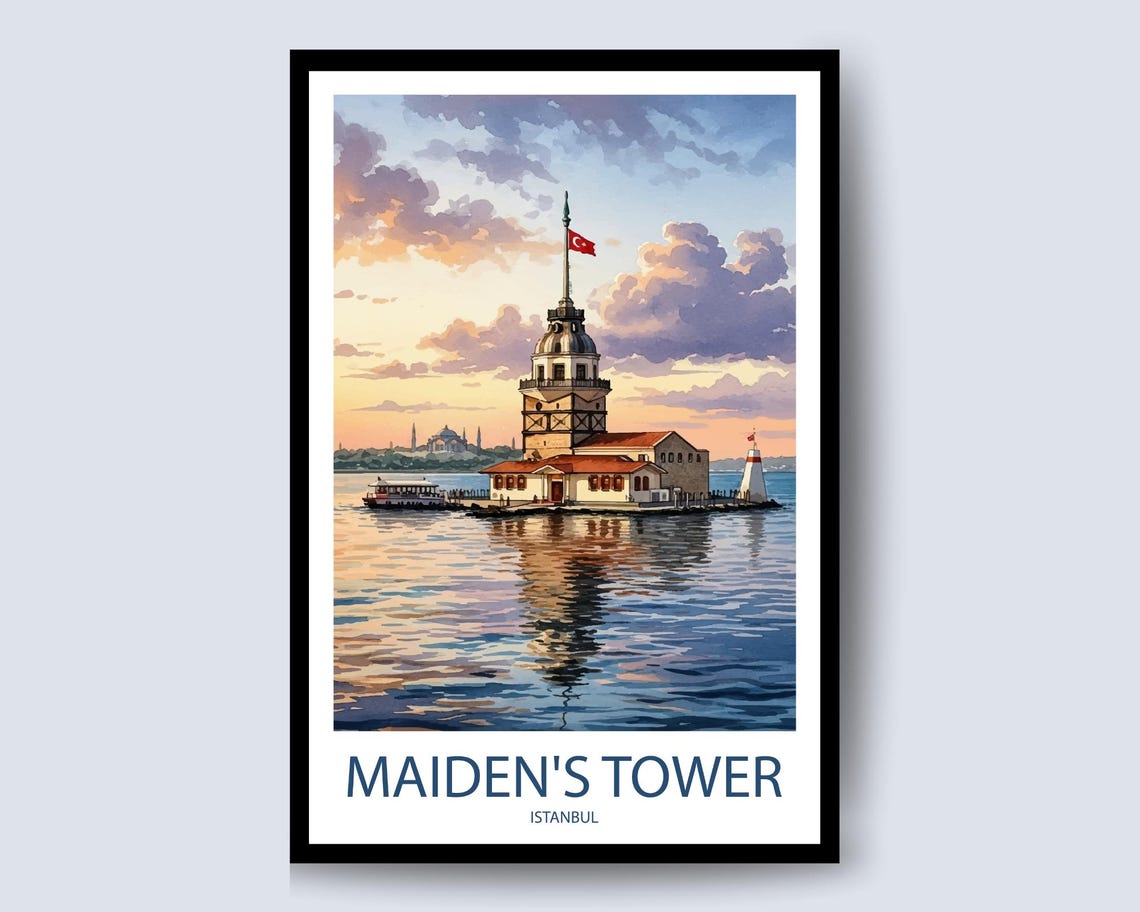 Maiden's Tower Istanbul Daytime Watercolor Seagulls Travel Poster