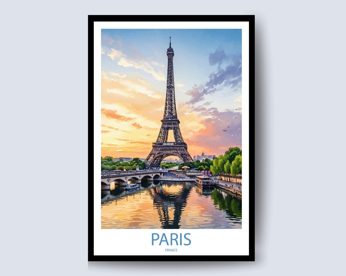 Eiffel Tower Paris Sunset Seine River Watercolor France Poster