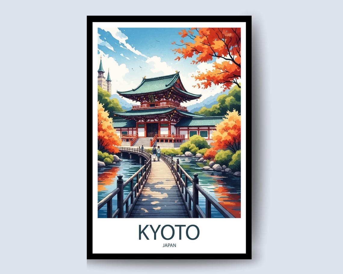 Kyoto Japan Temple Bridge Autumn Travel Poster with Maple Trees