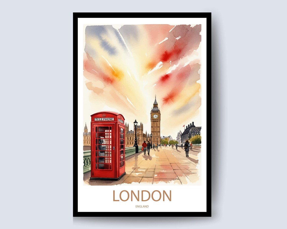 London Red Phone Box Big Ben Sunrise Watercolor Street Poster