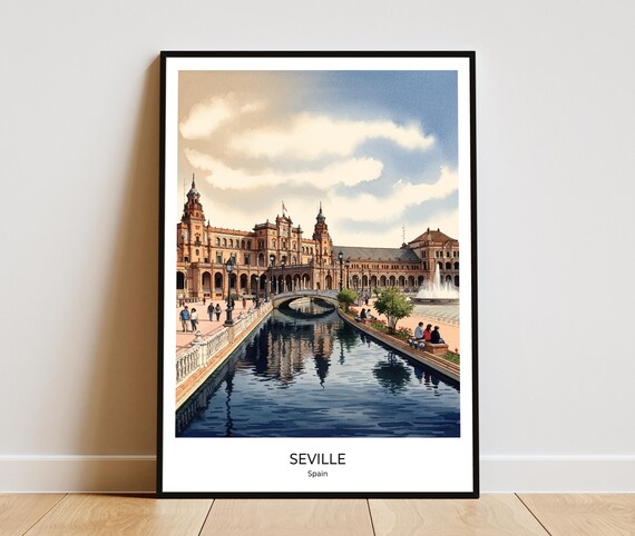 Seville Spain Watercolor Canal Reflections Bridge Plaza Travel Poster