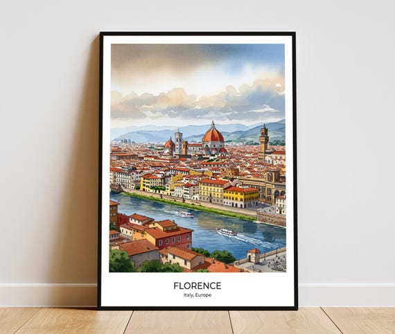 Florence Cathedral Print Italy Travel Poster Watercolor Style Art Home Office