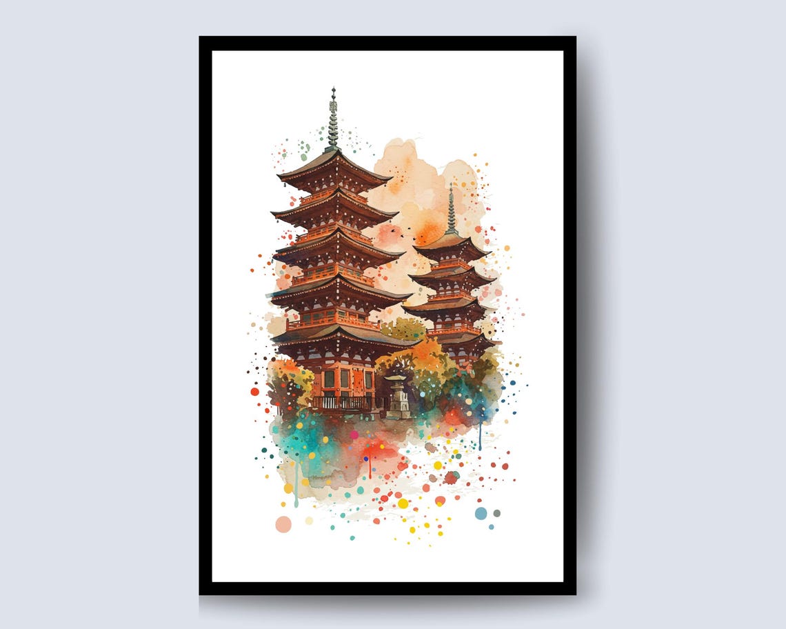 Japanese Pagoda Temple Watercolor Splash Ink Art Travel Poster