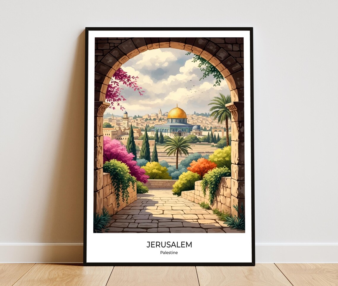 Jerusalem Dome Of The Rock Stone Archway Watercolor Travel Poster