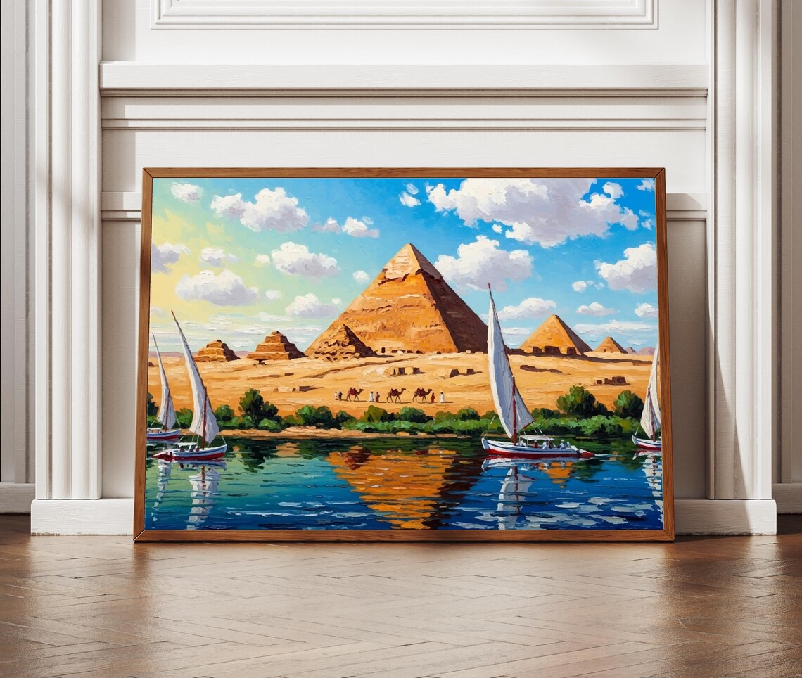 Egypt Pyramids Giza Nile Felucca Sails Colorful Travel Poster
