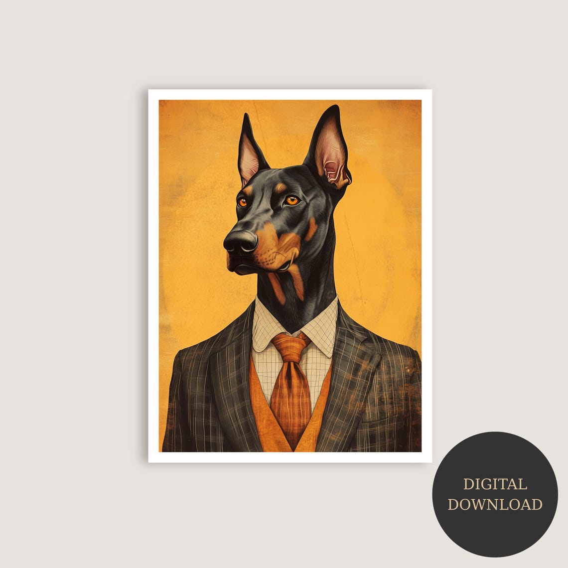 Dapper Doberman Pinscher in Pinstripe Suit Dog Portrait Poster